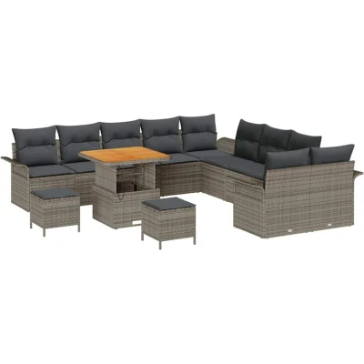 Image of vidaXL 13 Piece Garden Sofa Set with Cushions Grey Poly Rattan Acacia