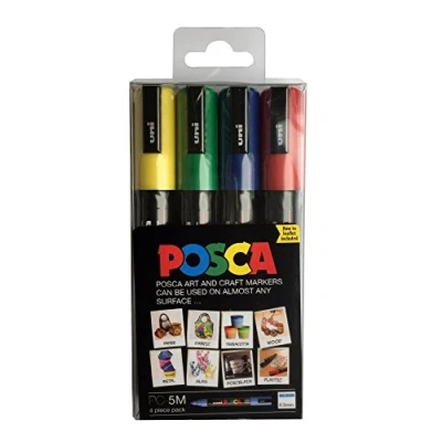 Image of POSCA PC 5M Permanent Marker Paint Pens. Medium Bullet Tip for Art &amp; Crafts. Multi Surface Use On Wood Metal Paper Canvas Cardboard Glass Fabric Ceramic Rock Pebble Stone Porcelain. Set of 4 Colours