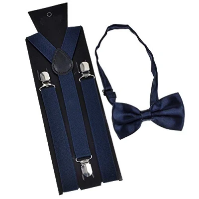 Image of JIHUOO Elastic Adjustable Y Shape Trouser Braces Suspenders with Strong Clips Matching Bow Tie Set for Men Women Navy