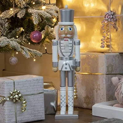 Image of Christmas Workshop 50cm Wooden Nutcracker White &amp; Silver Colour