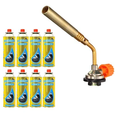 Image of Greenfields® Blow Torch Butane Flamethrower Weed Burner BBQ Camping Cooking Welding Soldering DIY Tool (Torch + 8 Refills)