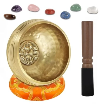 Image of DiDiBirDi Tibetan Singing Bowl 7 Chakra Healing Crystal Stones Authentic Handmade Meditation Yoga Sound from Tibet Unique Gifts for Women Men (8 cm)