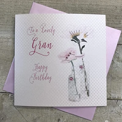 Image of white cotton cards Happy Birthday To a Lovely Gran Handmade Card, Flowers, BD43, 16cm x