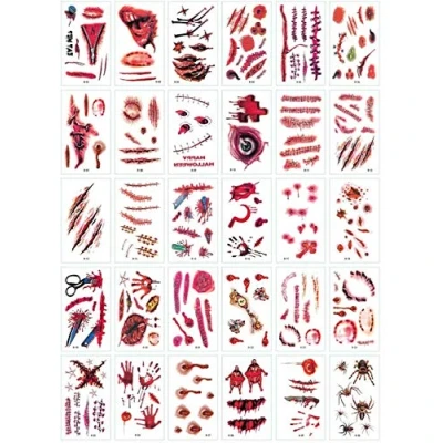 Image of Halloween Tattoos, 30 SheetsTemporary Tattoo, Realistic Zombie Scars Wounds Bleeding Fake Bloody Scar Wound Scab Stickers for Cosplay Party