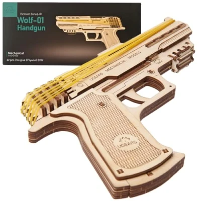 Image of Ugears Wolf 01 Handgun Assembly Kit DIY Wooden Gun with Rubber Bands Mechanical Model for Kids and Grown ups 62 piece Collectible Safe Eco Friendly Fun Family Activity