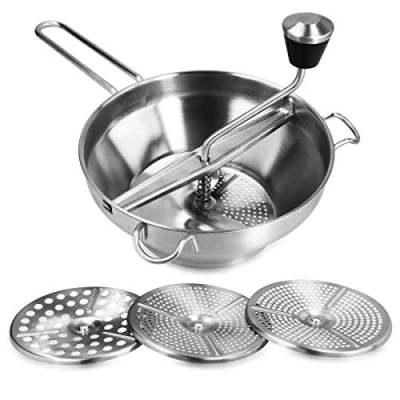 Image of Navaris Food Mill 19cm Stainless Steel Rotary Sieve Grater with 3 Grinding Discs Vegetable Strainer Sauce Maker to Grind and Puree