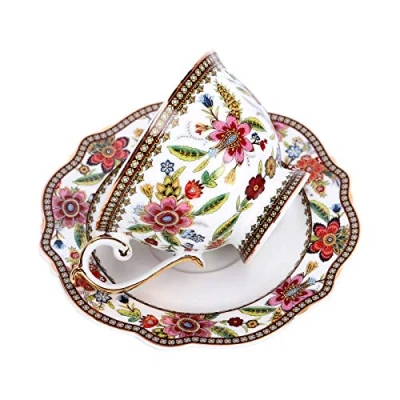 Image of fanquare Fine Bone China British Coffee Cup and Saucer Set, Red Floral Vintage Porcelain Tea Cup, 200ml