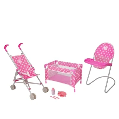 Image of HTI Dolly Tots Junior Nursery Playset 7 Piece Doll Highchair, Reusable Feeding Set, Stroller &amp; Cot Prams, Pushchairs and Dolls Accessories For Kids Boys Girls 3+