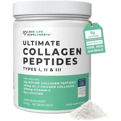 Image of Ultimate Collagen Peptides by LLS Hydrolysed Bovine Powder Types 1, 2 &amp; 3 + Vitamin C Glycine Joint, Ligament, Tendon Strength Muscle Building Unflavoured, 547g, 30 x 18g Servings
