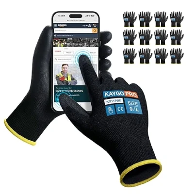 Image of KAYGO Work Gloves PU Coated 12 Pairs Touchscreen, KG11PBE, Safety Working with Secure Grip on Palm &amp; Fingers, for Men and Women, Ideal General Duty Work, Gardening (Large, Black)