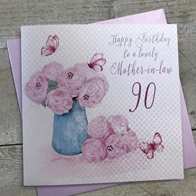 Image of white cotton cards Happy Lovely Mother in Law 90, Handmade 90th Birthday Card (Dandelion)