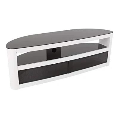 Image of AVF Curved Wood TV Stand Burghley Affinity 1500mm Floorstand Unit Upto 70&quot; &amp; 65Kg Max Weight, Gloss White With Black Glass, Open Closed Storage