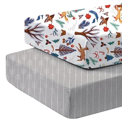 Image of Cot Bed Fitted Sheets 2 Pack of 120 x 60 100% Cotton Soft Hypoallergenic Fully Elasticated Skirt Breathable Easy Care(Deer &amp; Arrows)
