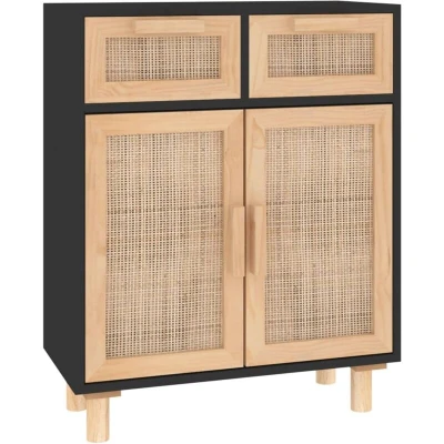 Image of vidaXL Sideboard with 2 Drawers and Compartments, Made from Engineered Wood, Pinewood Natural Rattan, Black Scandavian Inspired Design