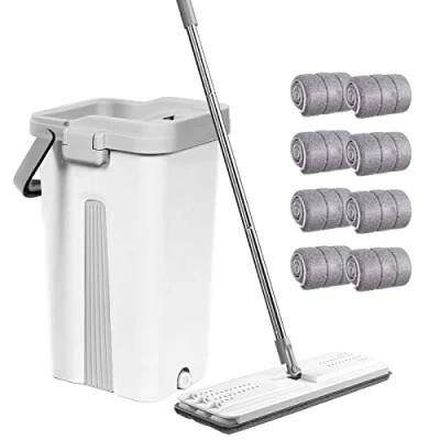Image of Mop and Bucket Set, Microfibre Flat for Wet &amp; Dry with Stainless Steel Handle, Twin Chamber Suitable All Floor (White)