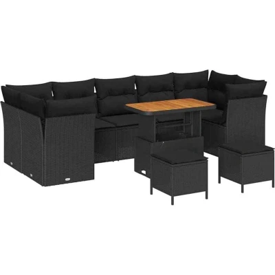 Image of vidaXL 10 Piece Garden Sofa Set with Cushions Black Poly Rattan Acacia