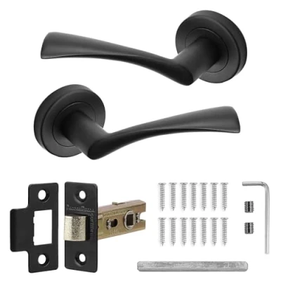 Image of Decoranddecor Apex Matt Black Lever On 54mm Rose Door Handles Internal Curved Design Aluminium Latch Kit