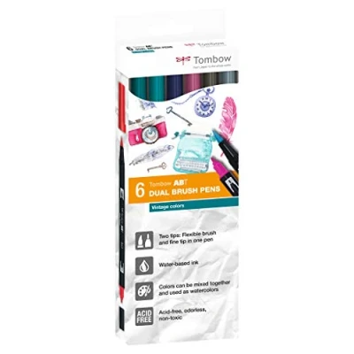Image of Tombow ABT Dual Brush Pen, Vintage Colours, Pen with Two Tips, Perfect for Hand Lettering and Bullet Journal, Water soluble, 6C 5, Set of 6, 1 Piece (Pack 6)