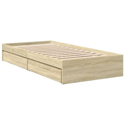 Image of vidaXL Sonoma Oak Bed Frame Single with Drawers, 90x200 cm/Engineered Wood, Bedroom Furniture Modern Engineered Wood Storage