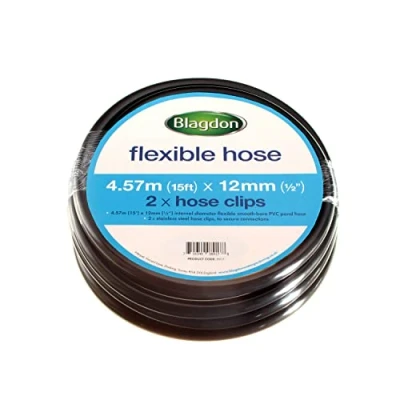 Image of Blagdon Flexible Reinforced Pond Tubing, 4.57m (15ft) x 12mm (1/2&quot;) Internal Diameter, Smooth bore PVC Includes 2 stainless steel Hose Clamps, Tough and Strong Tubing,Black