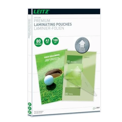 Image of Leitz 74850000 Laminating Pouches Made of 80 Micron Thick Material (Transparent, Glossy, A3 and UDT), Pack 100