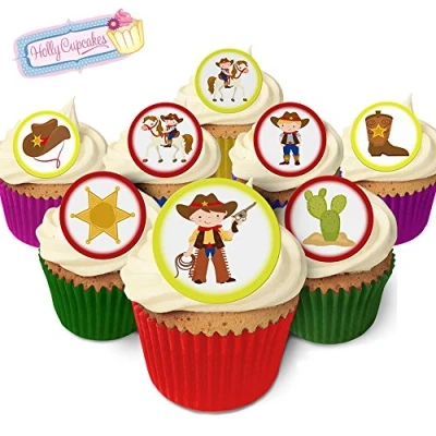 Image of Holly Cupcakes 24 Edible Pre Cut Wafer Round Cake Toppers: Cowboys