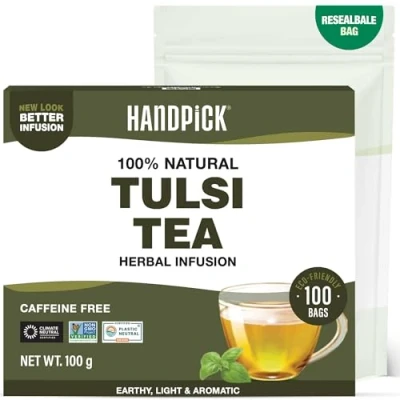 Image of HANDPICK, Holy Basil Tea Bags (100 Count) Caffeine Free, Non GMO Tulsi Leaves Round Herbal