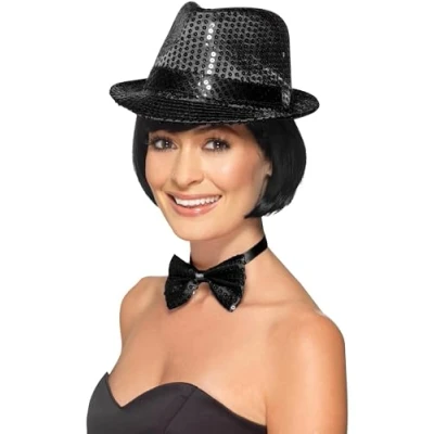 Image of Smiffys Sequin Trilby Hat, Black , Funny Fancy Dress, Comedy Dress Up Hats