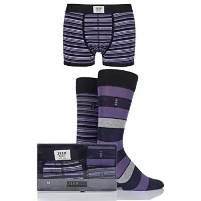 Image of 3 Pack Trunks x 1 and Socks 2 Pair Black / Purple Grey Spirit Gift Boxed Mixed Striped Men&#039;s Small Jeep