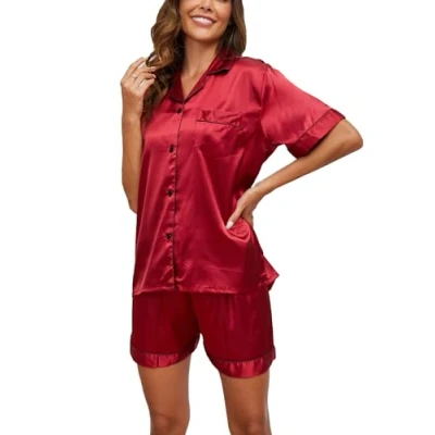 Image of Reliwel Silk Pyjamas for Women Short Sleeve two Piece Satin Pyjama Set Women&#039;s Nightwear Button Down Soft Ladies Sleepwear Loungewear S XXL Red