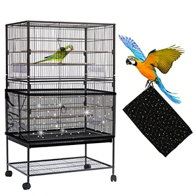 Image of Daoeny Large Bird Cage Cover, Seed Catcher, Adjustable Soft Nylon Mesh Net with Twinkle Moon Star, Birdcage Cover Skirt Guard for Parrot Parakeet Macaw Round Square Cages (Black)