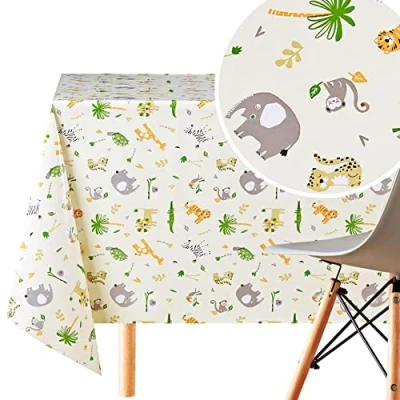 Image of KP HOME PVC Wipe Clean Table Cloth Rectangular 300x140 cm / 118x55 In Wipeable Tablecloth up to 10 Seats Children Kids Waterproof Vinyl Oilcloth Light Cream Colour with Safari Animals