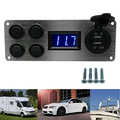 Image of 4 Gang 12V/24V Campervan Switch Panel,Dual USB Charger Port Socket Waterproof Rocker Switch,Digital Voltmeter On/Off Toggle for Car Boat Truck