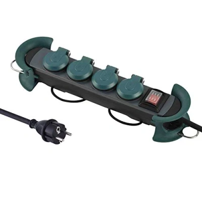 Image of Electraline 62085 Professional Outdoor Power Strip 4 Schuko Sockets with IP44 Plugs Hanging 2 Hooks m Rubber Cable H07RN F 3G1.5 Black / Green