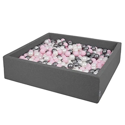 Image of KiddyMoon Soft Ball Pit Square 120X30cm/200 Balls ∅ 7Cm / 2.75In For Kids, Foam Pool Baby Playballs Children, Made In EU, Dark Grey:Pearl Powder Pink Silver