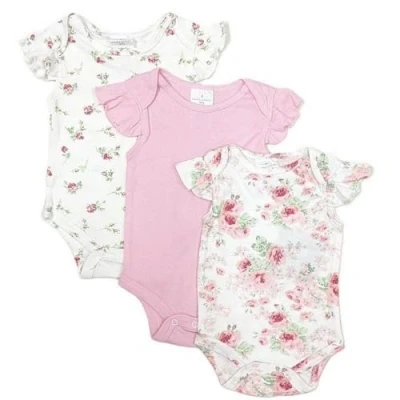 Image of Laura Ashley Girls Newborn Baby 3 Pack Romper Vest Bodysuits, Shower 0 3, 6, 6 9 Month (Design 1, Months)