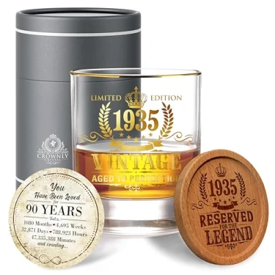 Image of CROWNLY CRYSTAL® 1935 90th Birthday Gifts for Men Whiskey Glass Decorations Personalised Dad Grandad Presents Mens Old Man Gift Decoration