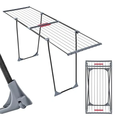 Image of KADAX Clothes Airer, Large Powder Coated Steel Drying Rack, Folding Winged Laundry Dryer for Indoor, Outdoor, Telescopic Linen Airer (Black)