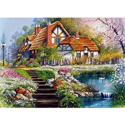 Image of OWN4B Cross Stitch Kits Stamped, House in The Garden Printed Pattern 11CT 14.2x18.1 inch DIY Embroidery Kit (House)