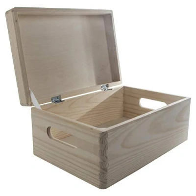 Image of Medium Unpainted Wooden Storage Box 30 x 20 14 cm Cut out Handles Hinged Lid &amp; Holding Tape Memory Keepsake Chest Plain Pine to Decorate Craft