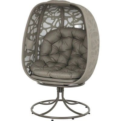 Image of Outsunny Swivel Egg Chair with Cushions, Foldable Basket Seat and Metal Frame, Indoor Outdoor Lounge for Balcony, Poolside, Patio Living Room, Sand Brown