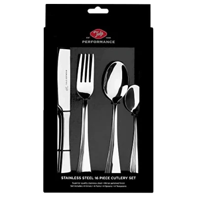 Image of Tala Performance Stainless SteelCutlery Set 16 Piece Flatware &amp; Tableware Mirror Polished Silverware Designed for any Dining Occasion Knife, Fork, Dessert Spoon Tea