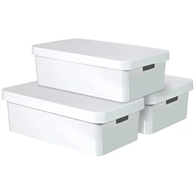 Image of Curver Infinity Storage Box Set with Lid, Plastic, White, 30 Litres, of 3