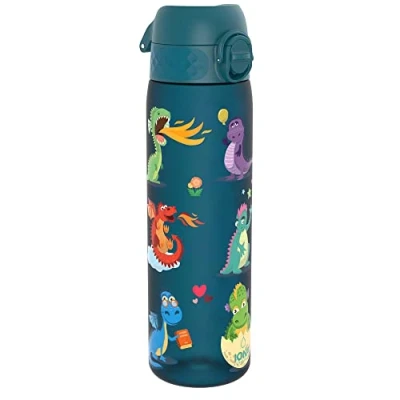 Image of Ion8 Water Bottle, 500ml, Leak Proof, One Finger Open, Dishwasher Safe, BPA Free, Flip Cover, Carry Handle, Spill free On The Go, Easy Clean Carbon Neutral Recyclon, Deep Teal, Dragons Design