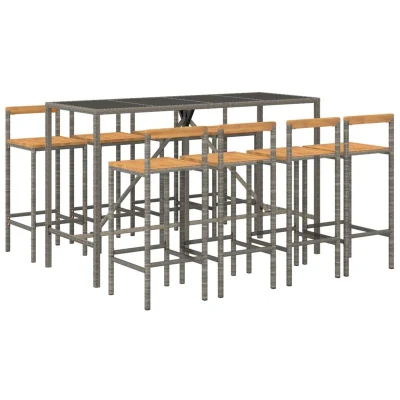 Image of vidaXL 9 Piece Garden Bar Set Grey Poly Rattan&amp; Solid Wood Acacia