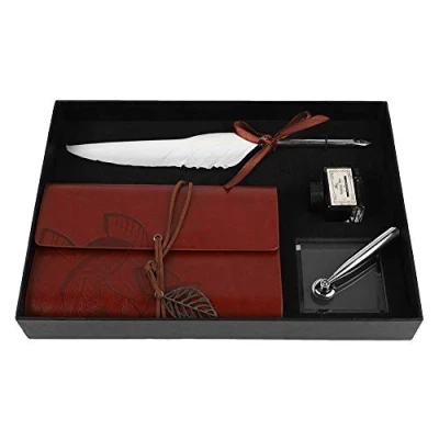Image of VBESTLIFE Quill Pen, Vintage Calligraphy Feather Dip Pen Ink Leather Notebook Set Stationery Gift Box(White)