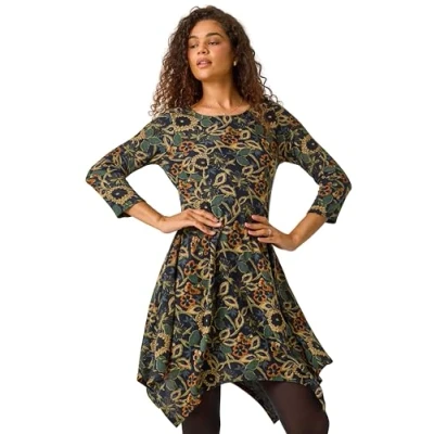 Image of Roman Originals Hanky Hem Swing Dress with Pockets for Women UK Ladies Asymmetric Hemline Stretch Jersey 3/4 Sleeve Winter Smart Casual Work Office Knee Length Tunics Green Multi Size 10