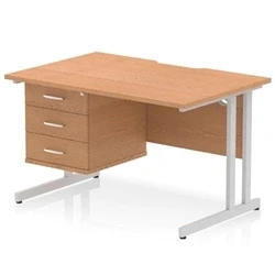 Image of Impulse 1200 x 800mm Scalloped Edge Straight Office Desk Oak Top Silver Cantilever Leg Workstation 1 3 Drawer Fixed Pedestal