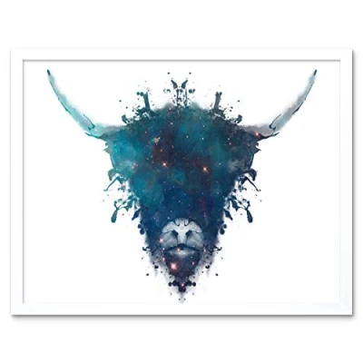 Image of Wee Blue Coo Ink Splat Highland Cow Art Print Framed Wall Decor 9X7 Inch