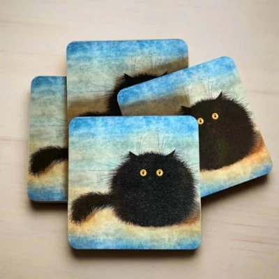 Image of Oreo Set of 4 Black Cat Design Funny Coasters Place Mats Drinks Tea Coffee Cork Home Kitchen